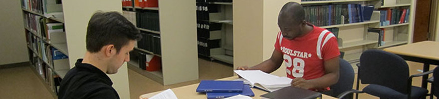 two students studying in a library