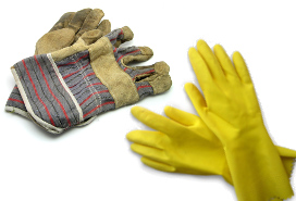 work gloves and yellow rubber dish gloves